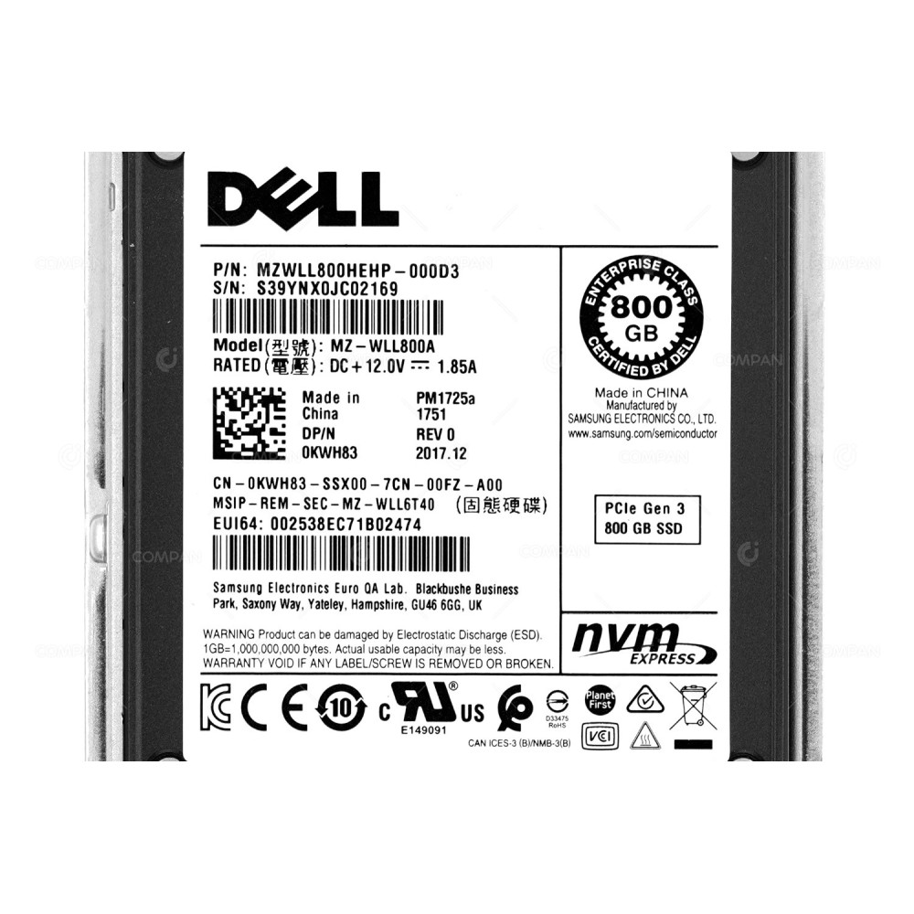 KWH83 G14  DELL NVME SSD 800GB U.2 PCI-E 3.0 X4 2.5" SFF FOR POWEREDGE G14 G15